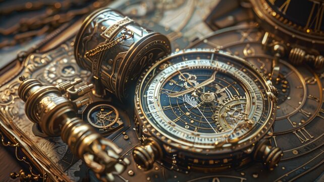 captures the essence of adventure and timelessness, featuring an exquisitely detailed vintage compass and ornate maritime instruments,