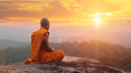 Thai buddhist monk meditating on a mountain at sunrise. Spiritual contemplation with breathtaking landscape. Concept of Buddhism, prayer, and spiritual enlightenment at dusk.