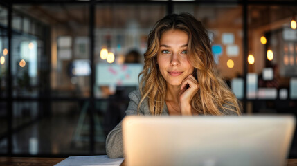 Bella donna mentre lavora con un pc portatile in un moderno ufficio