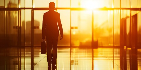 A confident businessperson walking along a glass corridor with reflection of golden sunset