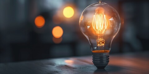 A detailed close-up of a lit vintage light bulb with a wooden table and soft bokeh light background - Powered by Adobe