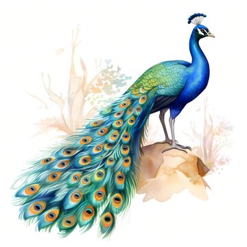 watercolor peacock perched on rock clip art preview