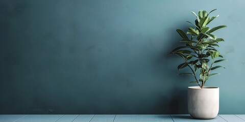 A single potted plant presents against a dark blue wall for a minimalist and contemporary botanical aesthetic