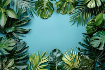 Tropical leaves on blue background. Flat lay, top view