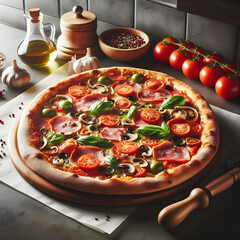 Gourmet Delight, A Freshly Baked Pizza Adorned with Assorted Toppings