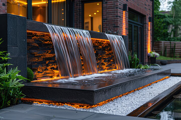 A large, elegant water feature with cascading waves illuminated by warm yellow lights stands in front of the house facade made from red brick and steel panels. Created with Ai