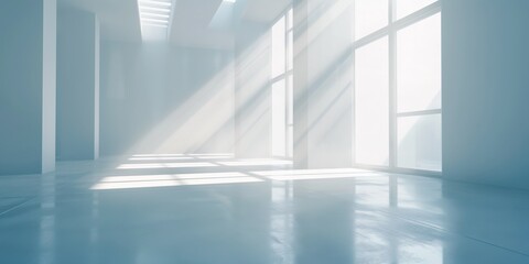 A serene, empty room with sunlight streaming through large windows, lighting up the glossy floor