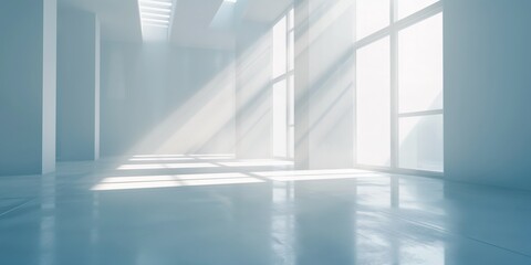 Obraz premium A serene, empty room with sunlight streaming through large windows, lighting up the glossy floor