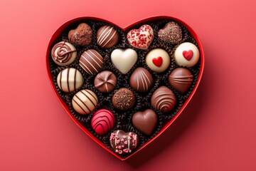 Top view of chocolate bonbons in a red heart shaped box on red background