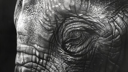 Elephant eye detailed in a black and white illustration. Close view of an elephant's eye in monochrome. Concept of wildlife detail, artistic expression, and animal features.
