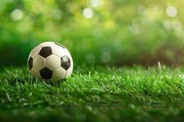 Soccer ball on green grass with bokeh background and copy space