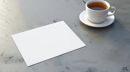 Textured table with coffee cup and blank white paper for text. Minimalist setup with drink and space for writing. Mockup. Concept of work, idea generation, contemporary design, planning space