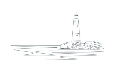 Drawing lighthouse with single continuous line. Sea shore. Rocky shore one line drawing. Ocean shore in one line. Doodle on white isolated background. Simple modern illustration.