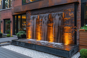 Artistic water feature with cascading rust-colored metal panels cascading over an old brick wall and illuminated in the style of warm yellow lights for modern outdoor decor in front of a contemporary.