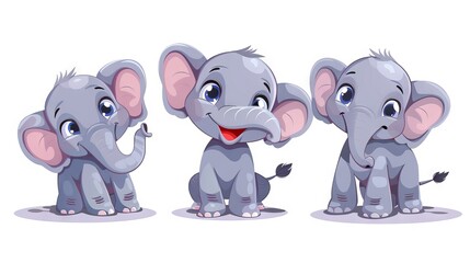 Naklejka premium Cartoon illustration of three baby Elephants isolate on white. Cute smiling animals. Concept of digital illustration, creativity, joyful design, kids character.