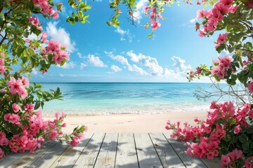 Wooden deck with pink flowers on tropical beach