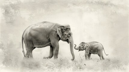 Delicate illustration of an adult elephant and a calf on a plain light background. Elephant family in a minimalistic style. Concept of wildlife art, family bond, and serene nature depiction. Art