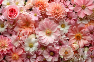 Pink and white flowers background, top view. Floral pattern