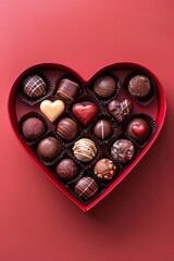Top view of chocolate bonbons in a red heart shaped box on red background
