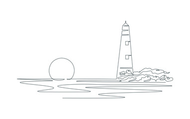 Drawing lighthouse with single continuous line. Sunset on seashore. Rocky shore one line drawing. Ocean shore in one line. Doodle on white isolated background. Simple modern illustration.