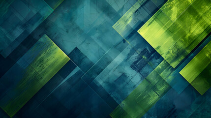 A photograph depicting an abstract geometric pattern with overlapping rectangles and squares in a dynamic blue and green palette, creating a cool, refreshing atmosphere