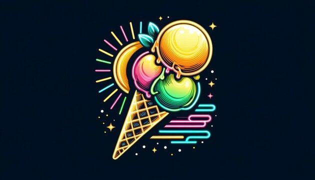 Vibrant and colorful illustration of an ice cream cone under a neon glow, featuring a fusion of retro and modern styles.For advertising, seasonal promotions, and themed party invitations.