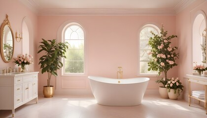 Feminine luxury bathroom interior design with panelling pink wall