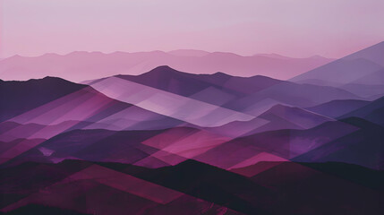 A photograph depicting a layered geometric landscape with sharp shapes that mimic the silhouette of distant mountains at dusk in muted purples and pinks