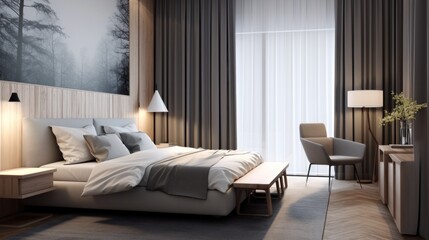 Contemporary bedroom featuring a low-profile bed, minimalist decor, and soothing neutral tones. A stylish armchair adds to the modern ambiance.