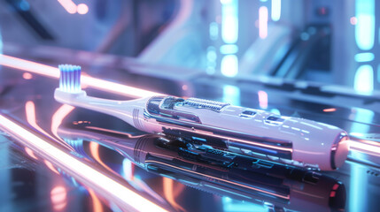 Close-up of a modern ultrasonic brush. Digital ultra-detailed brush. Dental hygiene concept.