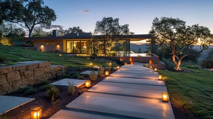 Obraz premium As twilight falls the pathway lights up with candles revealing a modern home nestled within a serene landscape. 2d flat cartoon.