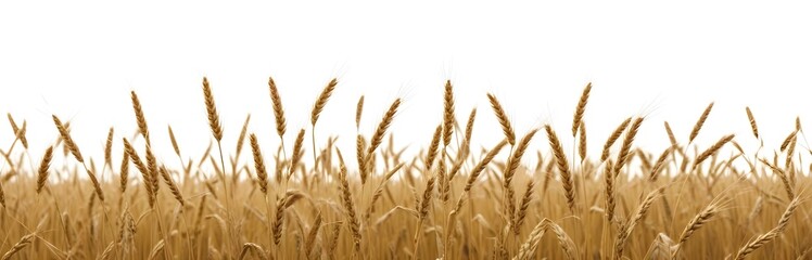 A field of golden wheat stalks with their heads swaying in the wind against a plain white background