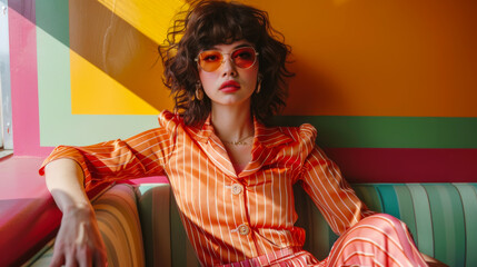 Portrait of a stylish woman in bright clothes sitting on a bright ottoman and wearing glasses. Female model in retro style clothes posing indoors. Style and fashion concept. Lifestyle.