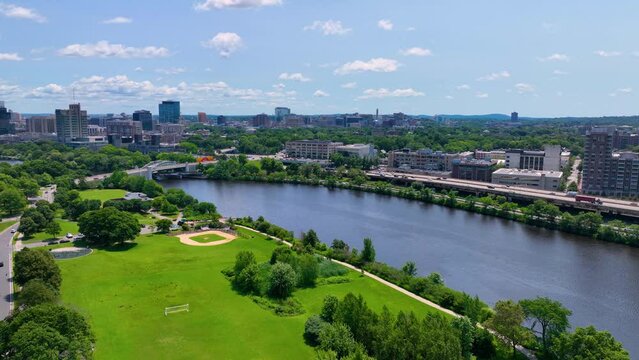 Boston University Bridge across Charles River aerial view with Cambridge on the left and Boston Back Bay on the right, Boston, Massachusetts MA, USA. 