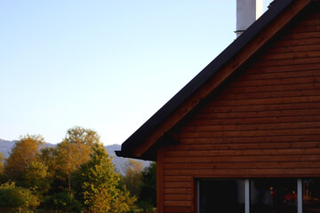 Small wooden cabin in the woods. Architectural detail, selective focus.