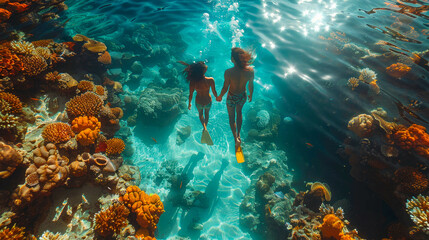 Scuba diver in the deep blue sea underwater with fishes and corals