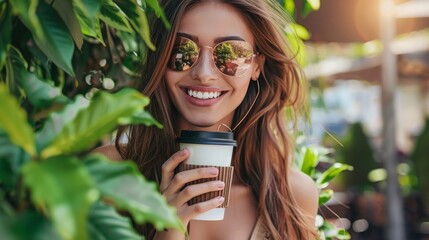 Stylish woman is walking in an urban area full of greenery and trees and enjoying the scene while holding a coffee to go. Woman smiling while enjoying free time drinking coffee. Copy space.