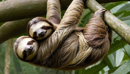 Obraz premium A Mother Sloth Carrying Her Baby On Her Belly Mov