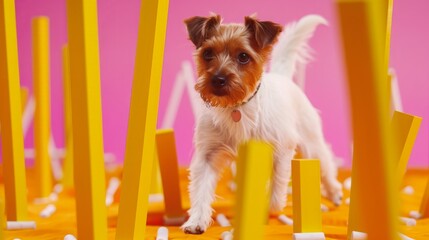 Dog practicing Agility sport. Photo for sports with animals, decoration veterinary clinics, dog groomers, competition, training, fun, obstacles. Healthy nutrition. Good physical condition. 