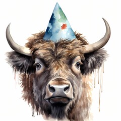 Bison with party hat. American bison clipart. Watercolor illustration. Generative AI. Detailed illustration.