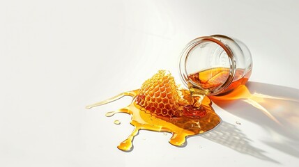Glass jar and Honeycombs with pouring honey in closeup on lite background, copy space
