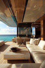 Serene yacht deck with modern furniture facing a calm ocean under a golden sunset sky