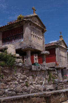 Horreos in Combarro, typical constructions of Galicia. Pontevedra, Spain. Views of traditional buildings.