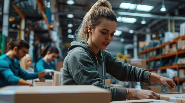 Focused young woman packing boxes in a bustling warehouse, with coworkers actively engaged in background tasks.