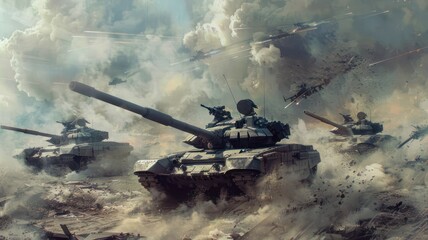 Modern tanks on a battlefield created with Generative AI