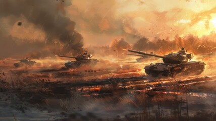 Obraz premium Modern tanks on a battlefield created with Generative AI