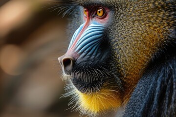 Majestic Mandrill: Close-up Portrait of an African Primate with Striking Facial Features - obrazy, fototapety, plakaty
