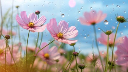 Cosmos flowers blooming in the rain against the background of spring and blue sky.AI generated image