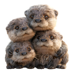 A 3D animated cartoon render of a family of otters gathered closely.