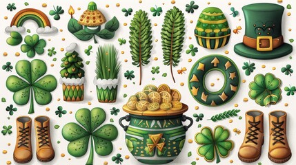 Cartoon Saint Patrick's Day set with shamrock, horseshoe, gold coins, leprechaun pot, rainbow, bowler hats and shoes, cute holiday symbols in green colors, isolated on white background